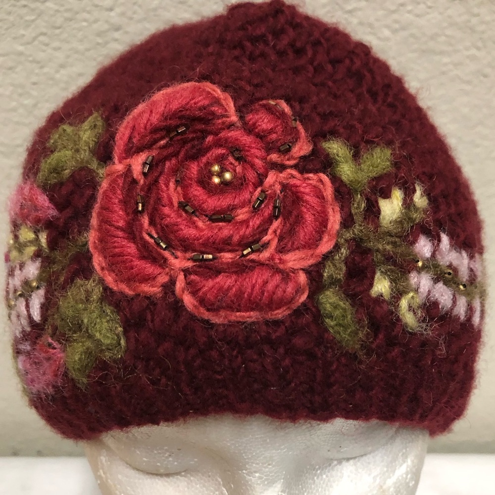 FRENCH KNOT WOOL Josephine Cloche  Burgundy Floral Knit Beanie.Hand Embroidered